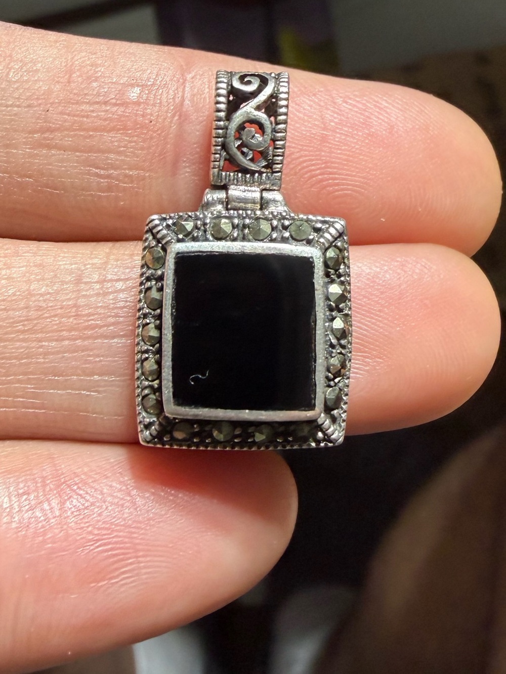 Vintage DBJ 925 Sterling Silver Black Onyx Marcasite Square Pendant